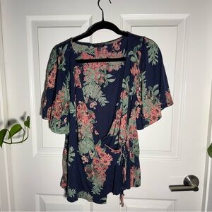 Women’s Lucky Brand Navy Floral Wrap Top - Pink & Green Print